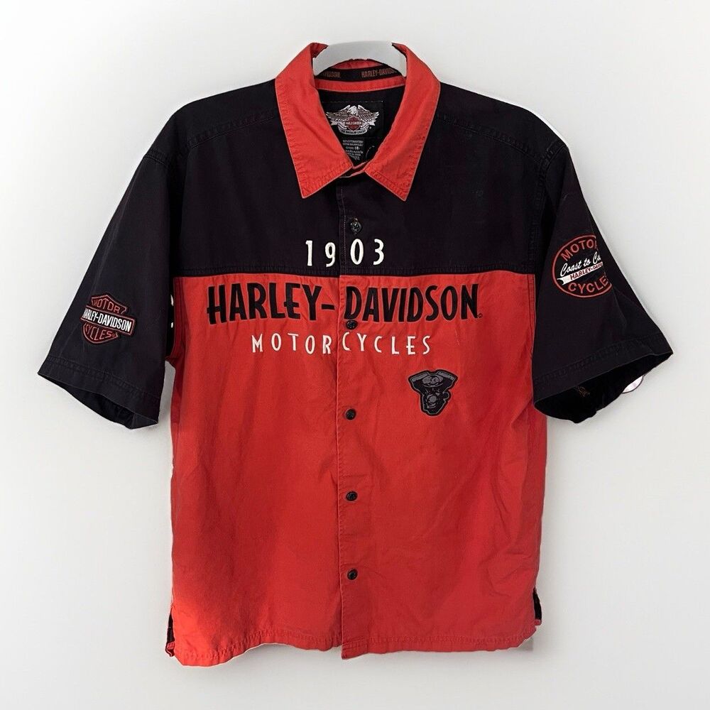 Vintage Harley Davidson Button Up M Black Orange Biker Racing Mechanic Shirt